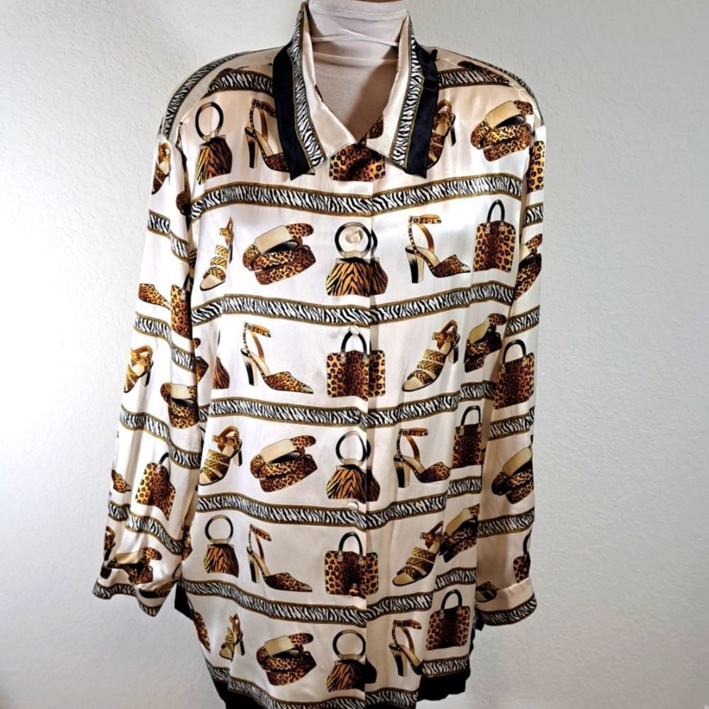 Corey B Vintage Women’s Blouse Size 3X  Silk Button Down Accessory Animal Print